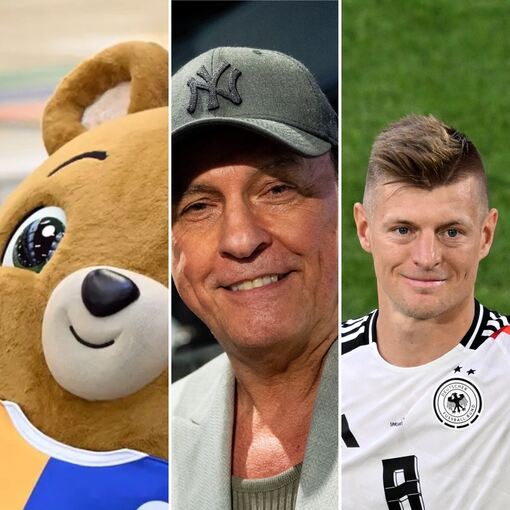 Stimmungskanonen der EM: Maskottchen Albärt, Peter Schilling mit seinem Hit Major Tom und der deutsche Fußball-Held Toni Kroos.