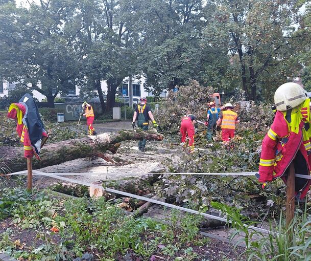 Die Pleidelsheimer Feuerwehr bei einem ihrer Unwettereinsätze am Montagabend.  Foto: privat