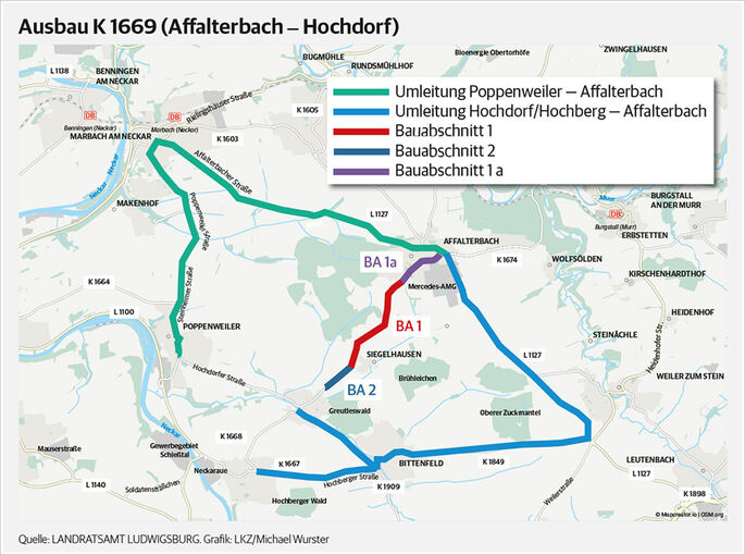 In grüner und blauer Farbe sind die Umleitungsstrecken eingezeichnet.