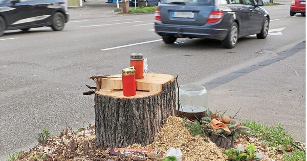 Abgesägt: Der Baum an der Unfallstelle, wo am 20. März zwei junge Frauen als Folge eines Autorennens starben, ist nun gefallen. Abgesägt: Der Baum an der Unfallstelle, wo am 20. März zwei junge Frauen als Folge eines Autorennens starben, ist nun gefallen. Im Hintergrund die Aral-Tankstelle, an der ihr Kleinwagen erfasst wurde.