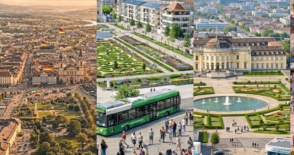 Deutschlandfahnen, ÖPNV, E-Fuels: Die KI erzeugt entlang der Parteiprogramme verschiedene Zukunftsszenarien von Ludwigsburg. Deutschlandfahnen, ÖPNV, E-Fuels: Die KI erzeugt entlang der Parteiprogramme verschiedene Zukunftsszenarien von Ludwigsburg.