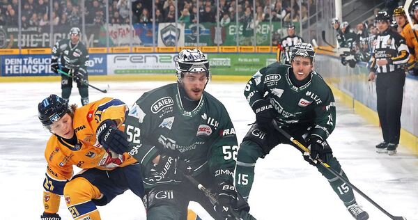 Ein Heimsieg zum Einstand: Steelers-Debütant Luis Ludin (vorne) behauptet hier gegen Füchse-Profi Norwin Panocha den Puck.Foto: Ein Heimsieg zum Einstand: Steelers-Debütant Luis Ludin (vorne) behauptet hier gegen Füchse-Profi Norwin Panocha den Puck.