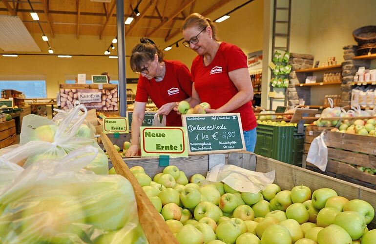 In der Kirchheimer Obsthalle liegen Äpfel zum Verkauf bereit. Obstbauern werben für den Kauf regionaler Früchte. In der Kirchheimer Obsthalle liegen Äpfel zum Verkauf bereit. Obstbauern werben für den Kauf regionaler Früchte.