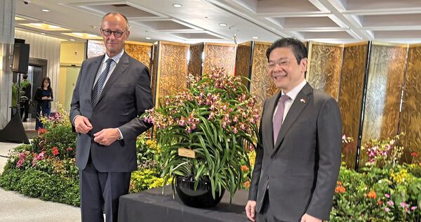 Wenn Singapur eine Orchideen-Sorte nach Personen benennt, ist das ein Zeichen besonderer Wertschätzung. Kanzler Friedrich Merz ( Wenn Singapur eine Orchideen-Sorte nach Personen benennt, ist das ein Zeichen besonderer Wertschätzung. Kanzler Friedrich Merz (vorn, li.) und Singapurs Premierminister Lawrence Wong mit der nach Merz benannten Orchidee.